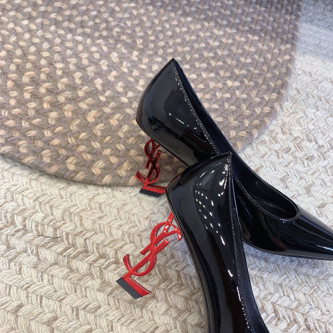 OPYUM RED HEEL PUMPS IN BLACK GLOSSY CALFSKIN - 34