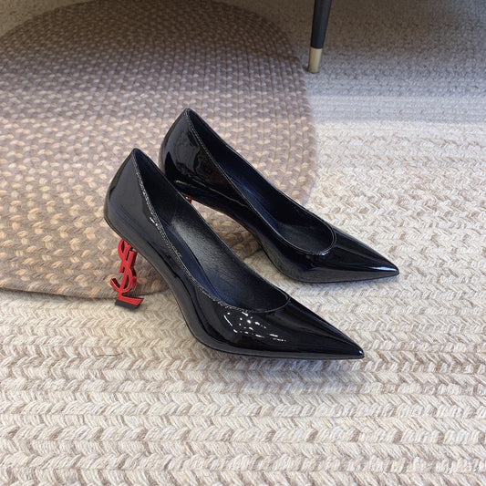 OPYUM RED HEEL PUMPS IN BLACK GLOSSY CALFSKIN - 34