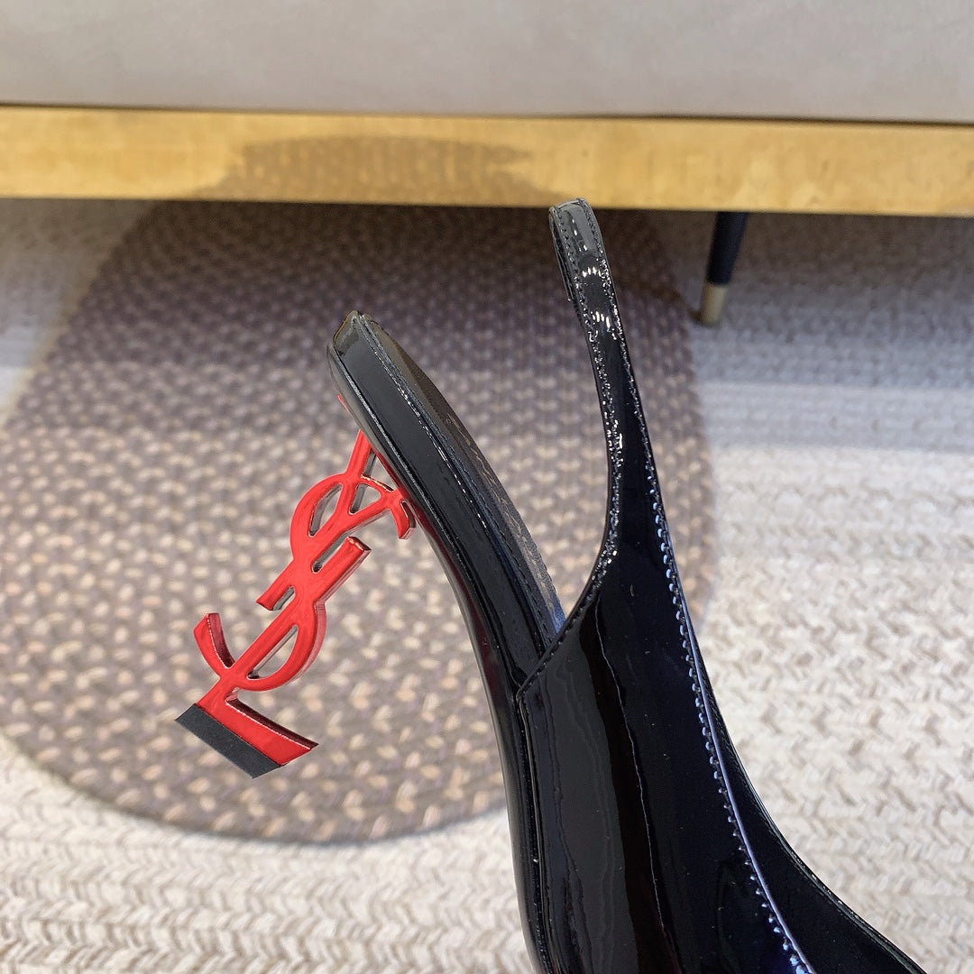 OPYUM RED HEEL SLINGBACK PUMPS IN BLACK GLOSSY CALFSKIN - 34