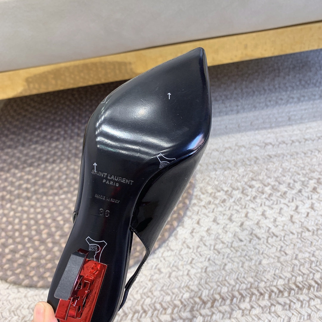 OPYUM RED HEEL SLINGBACK PUMPS IN BLACK GLOSSY CALFSKIN - 34