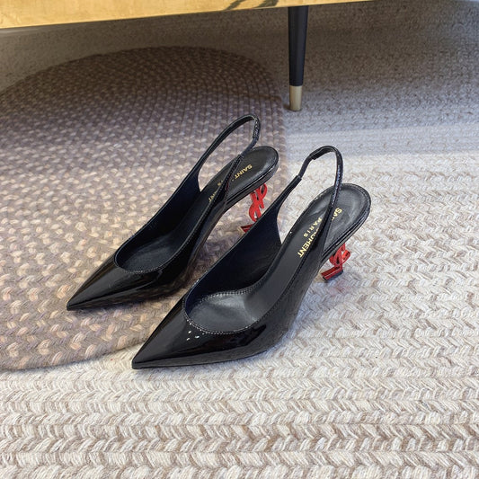 OPYUM RED HEEL SLINGBACK PUMPS IN BLACK GLOSSY CALFSKIN - 34