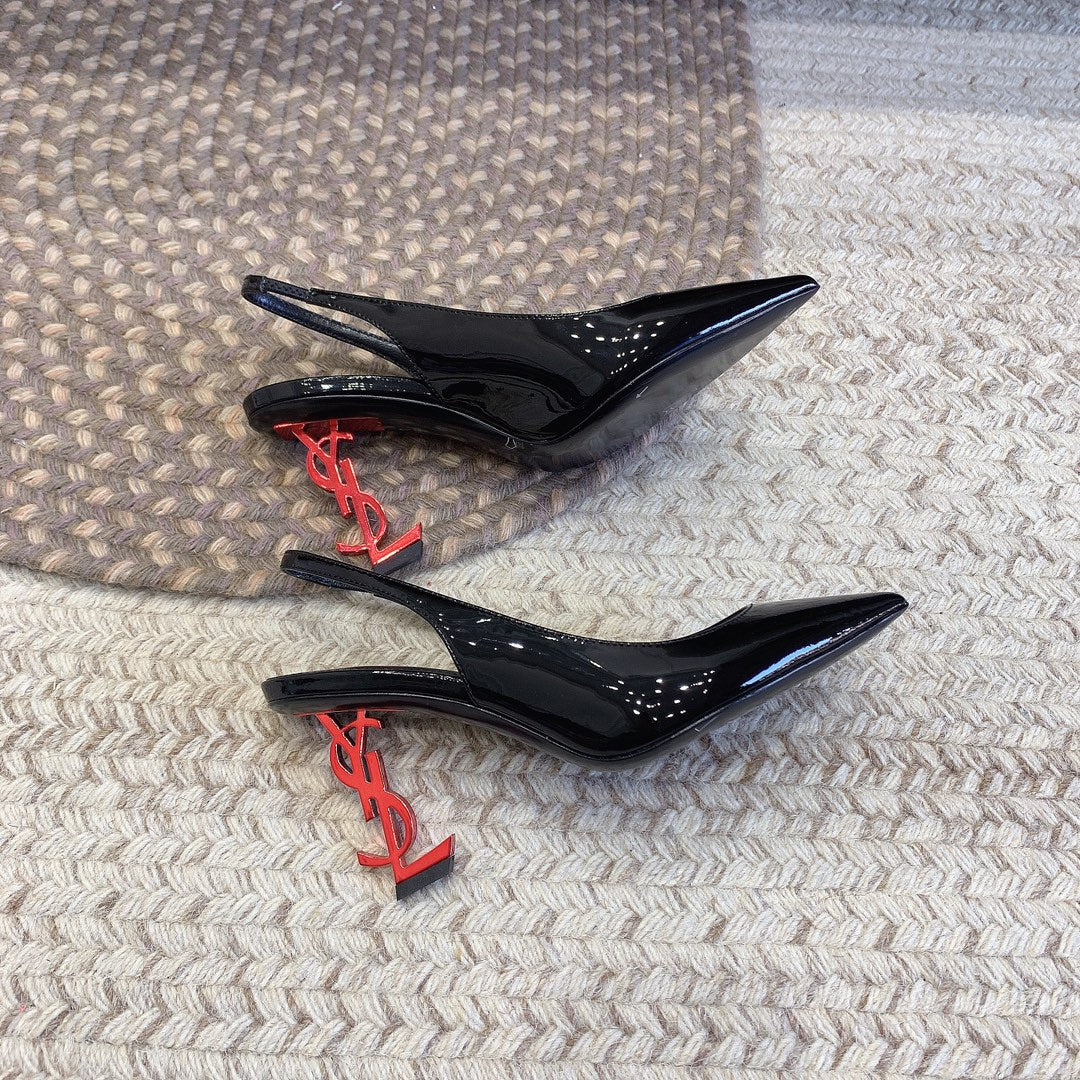 OPYUM RED HEEL SLINGBACK PUMPS IN BLACK GLOSSY CALFSKIN - 34