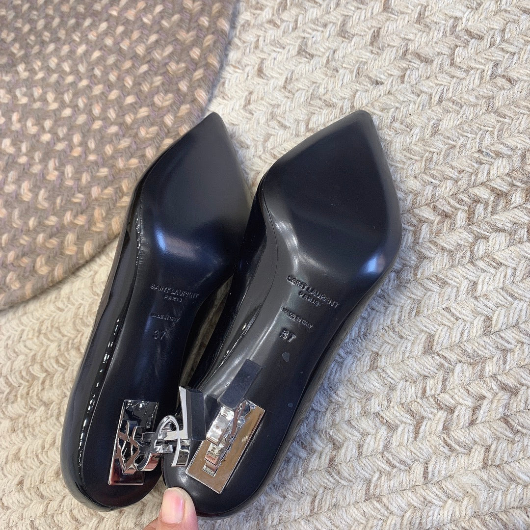 OPYUM SILVER HEEL PUMPS IN BLACK GLOSSY CALFSKIN - 34