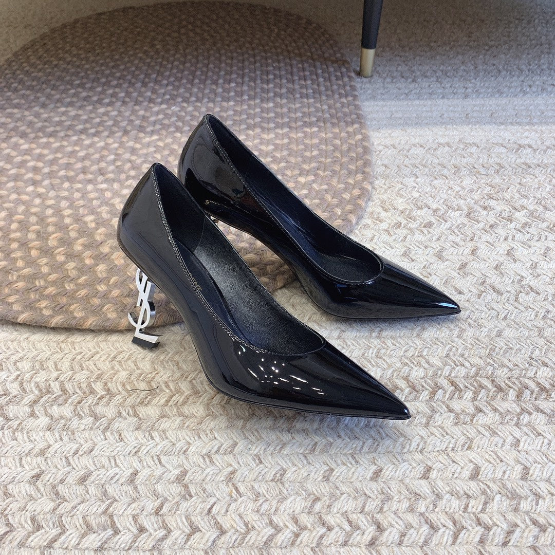 OPYUM SILVER HEEL PUMPS IN BLACK GLOSSY CALFSKIN - 34