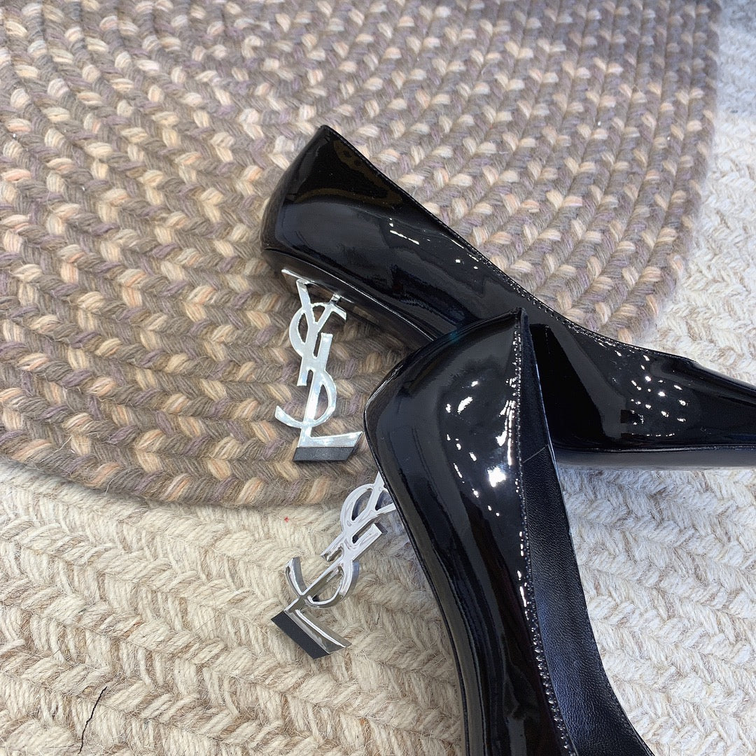 OPYUM SILVER HEEL PUMPS IN BLACK GLOSSY CALFSKIN - 34