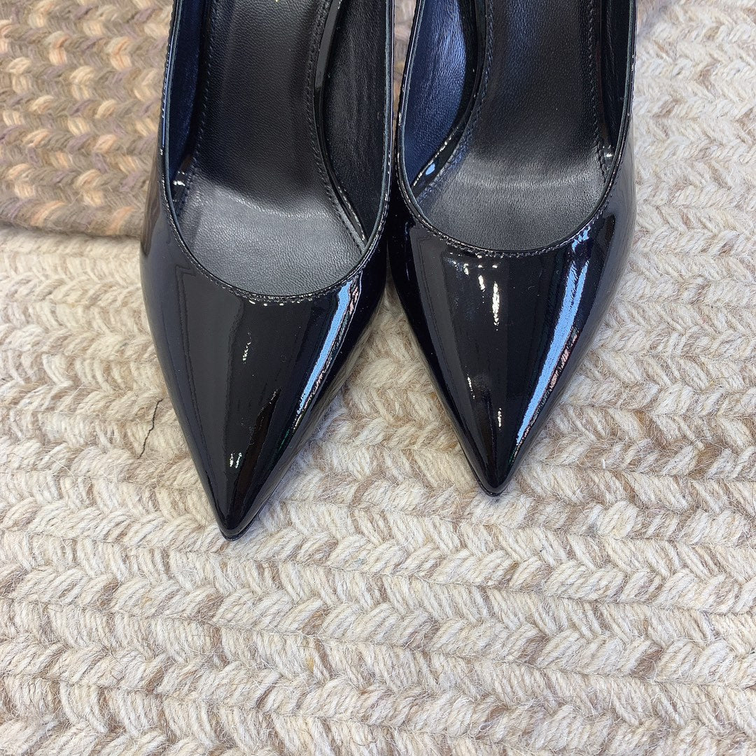 OPYUM SILVER HEEL PUMPS IN BLACK GLOSSY CALFSKIN - 34