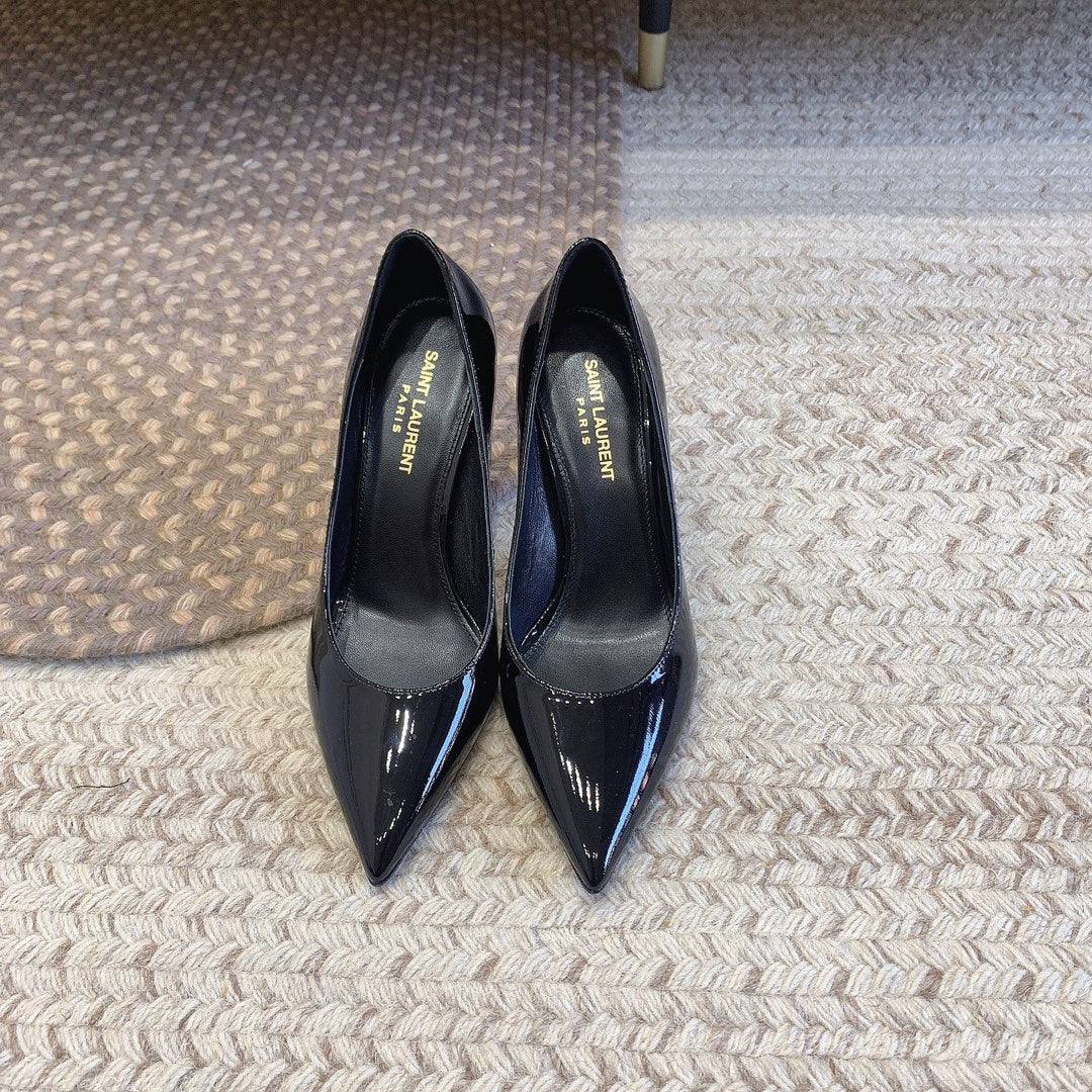OPYUM SILVER HEEL PUMPS IN BLACK GLOSSY CALFSKIN - 34