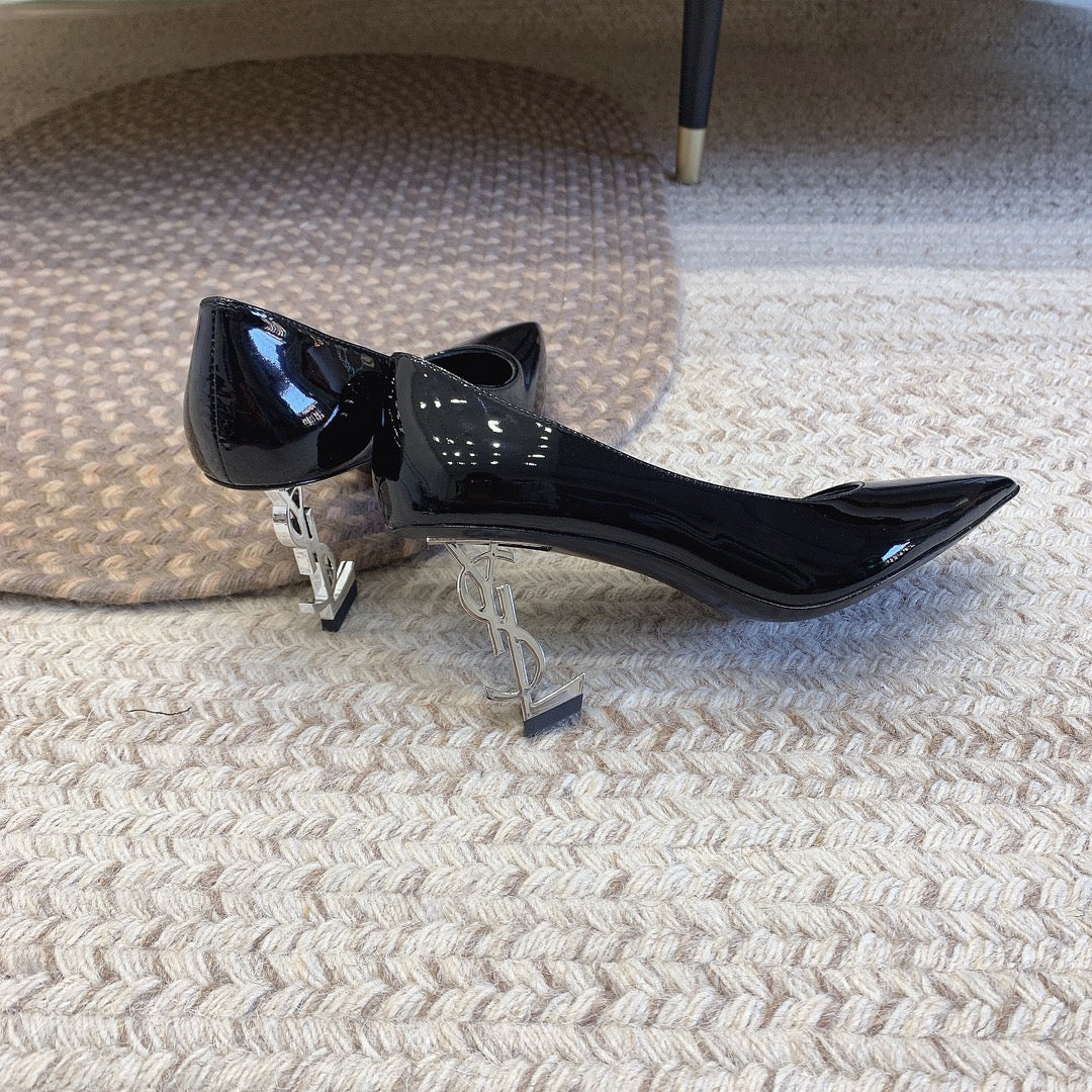 OPYUM SILVER HEEL PUMPS IN BLACK GLOSSY CALFSKIN - 34