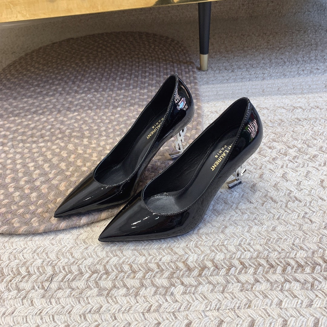 OPYUM SILVER HEEL PUMPS IN BLACK GLOSSY CALFSKIN - 34