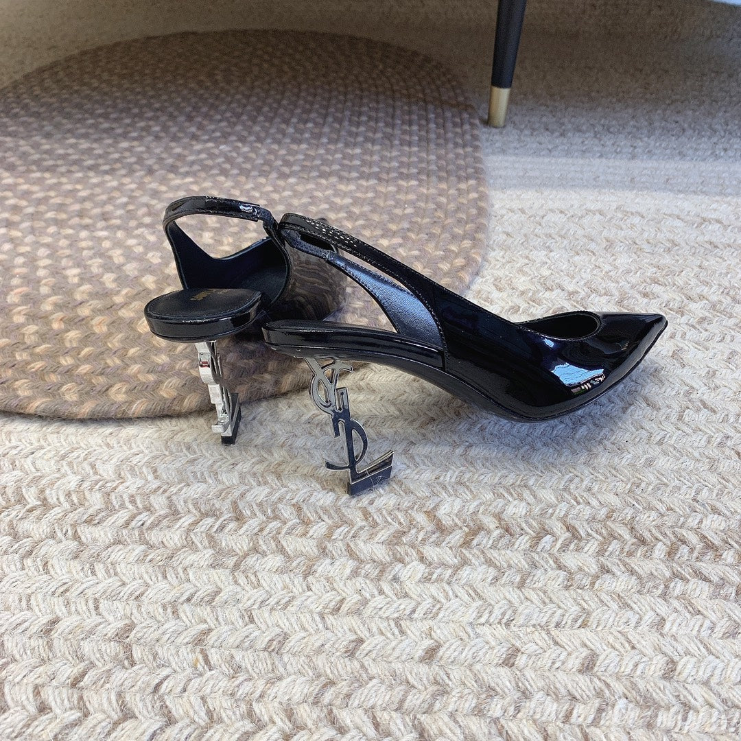 OPYUM SILVER HEEL SLINGBACK PUMPS IN BLACK GLOSSY CALFSKIN - 34