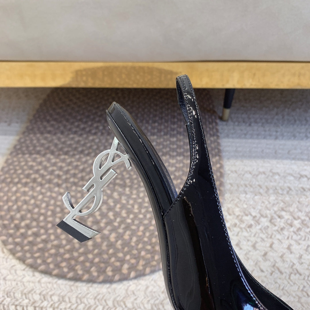 OPYUM SILVER HEEL SLINGBACK PUMPS IN BLACK GLOSSY CALFSKIN - 34
