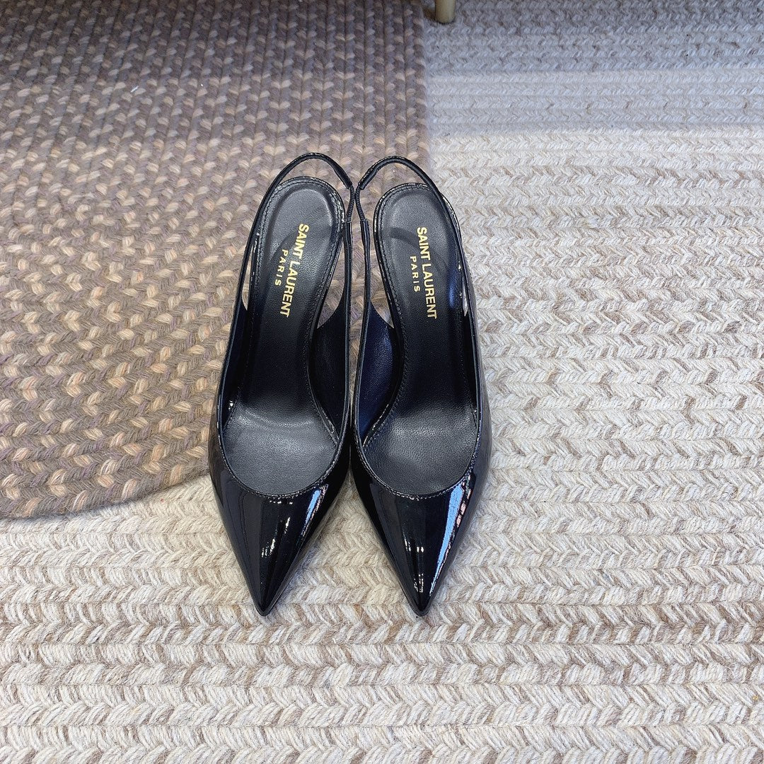 OPYUM SILVER HEEL SLINGBACK PUMPS IN BLACK GLOSSY CALFSKIN - 34