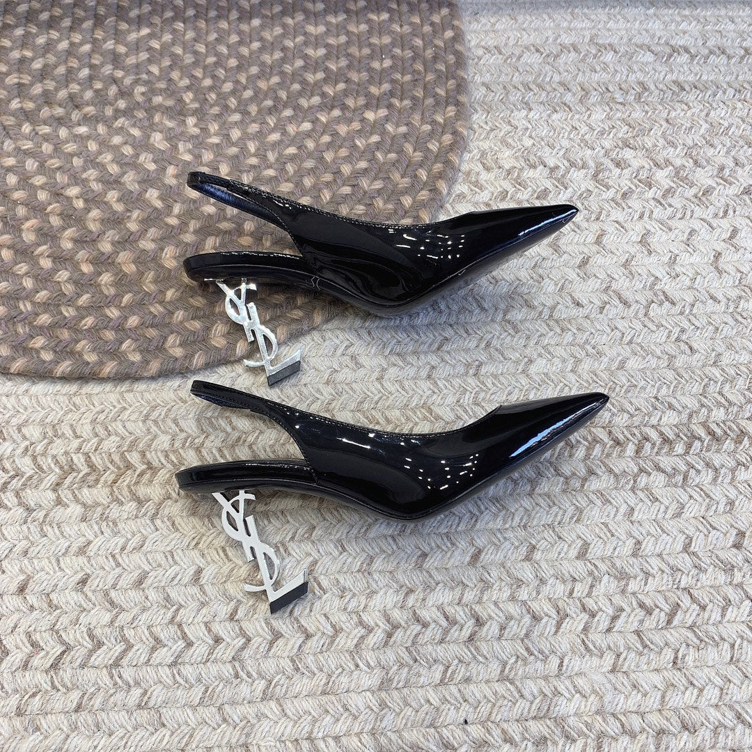 OPYUM SILVER HEEL SLINGBACK PUMPS IN BLACK GLOSSY CALFSKIN - 34