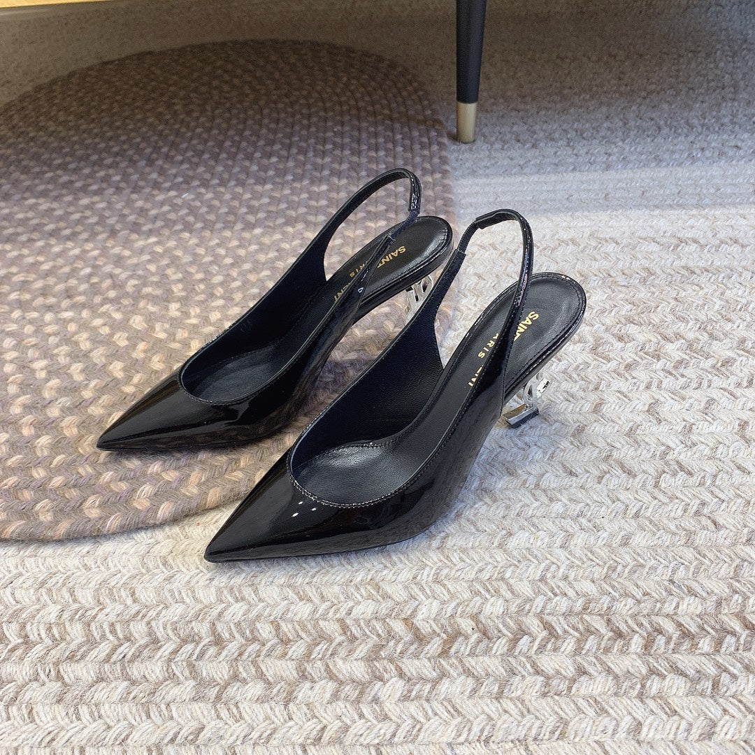 OPYUM SILVER HEEL SLINGBACK PUMPS IN BLACK GLOSSY CALFSKIN - 34