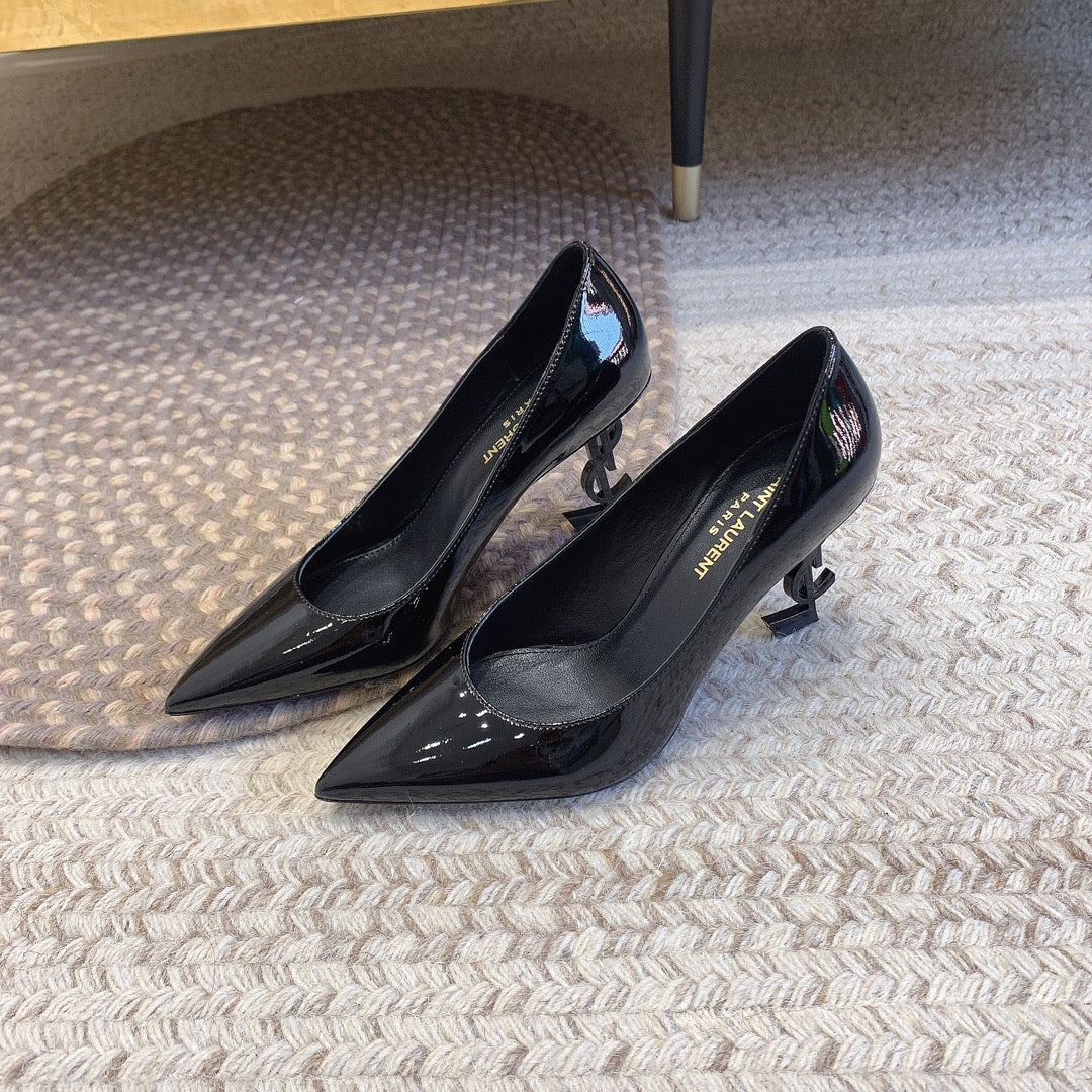OPYUM BLACK HEEL PUMPS IN BLACK GLOSSY CALFSKIN - 34