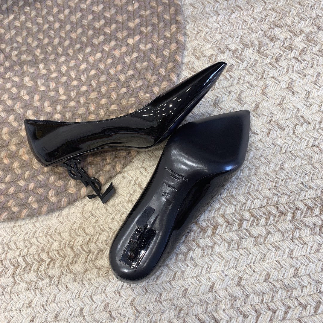 OPYUM BLACK HEEL PUMPS IN BLACK GLOSSY CALFSKIN - 34