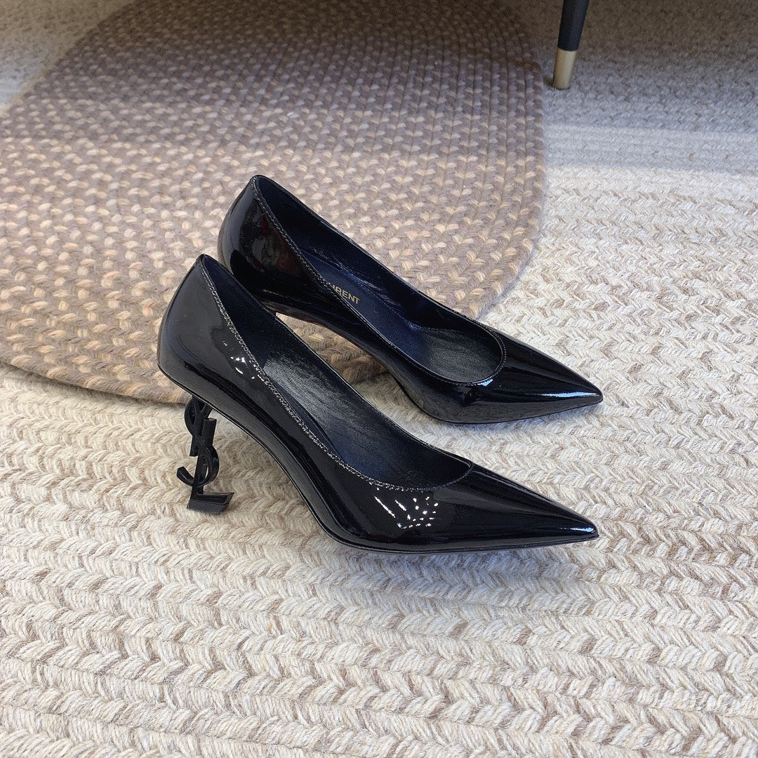 OPYUM BLACK HEEL PUMPS IN BLACK GLOSSY CALFSKIN - 34