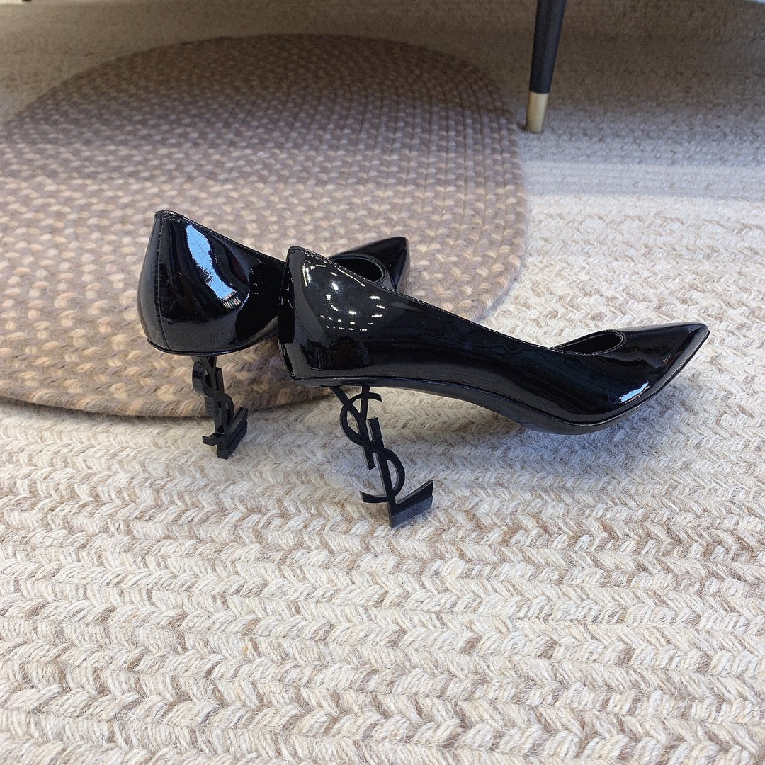 OPYUM BLACK HEEL PUMPS IN BLACK GLOSSY CALFSKIN - 34