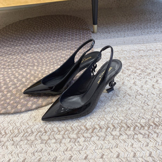 OPYUM BLACK HEEL SLINGBACK PUMPS IN BLACK GLOSSY CALFSKIN - 34