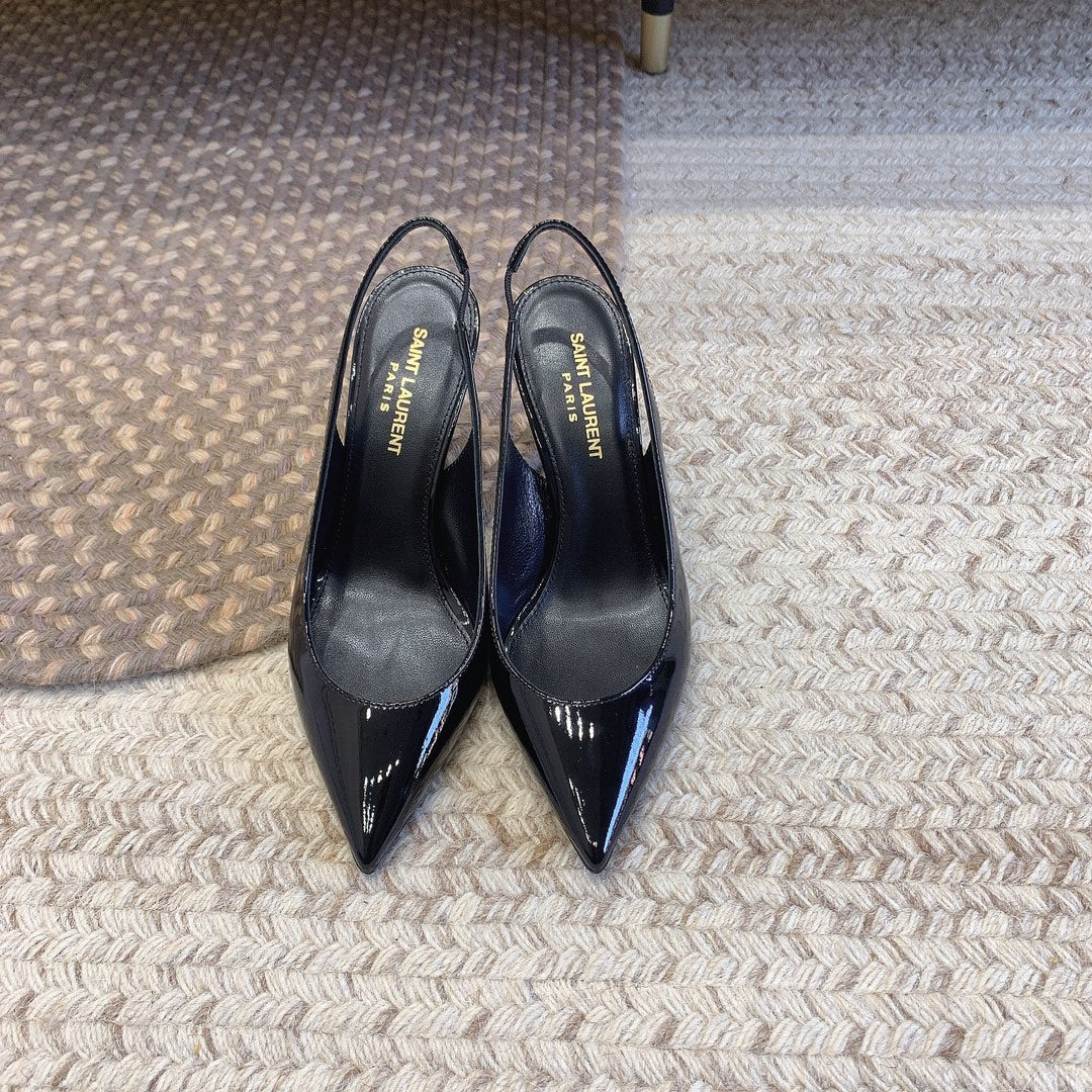 OPYUM BLACK HEEL SLINGBACK PUMPS IN BLACK GLOSSY CALFSKIN - 34