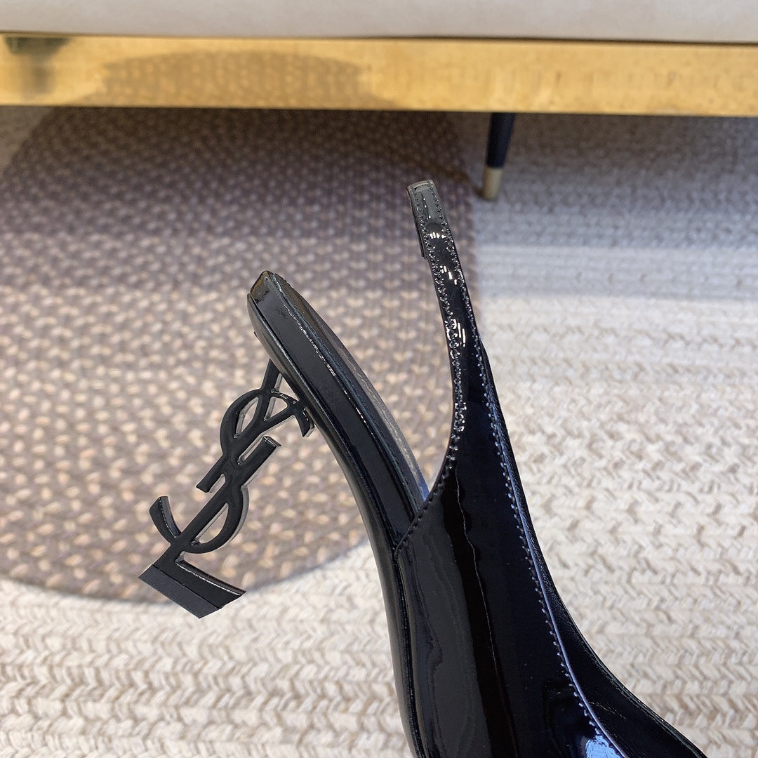 OPYUM BLACK HEEL SLINGBACK PUMPS IN BLACK GLOSSY CALFSKIN - 34