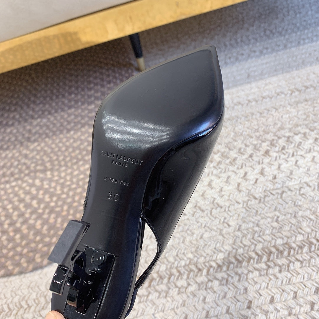 OPYUM BLACK HEEL SLINGBACK PUMPS IN BLACK GLOSSY CALFSKIN - 34