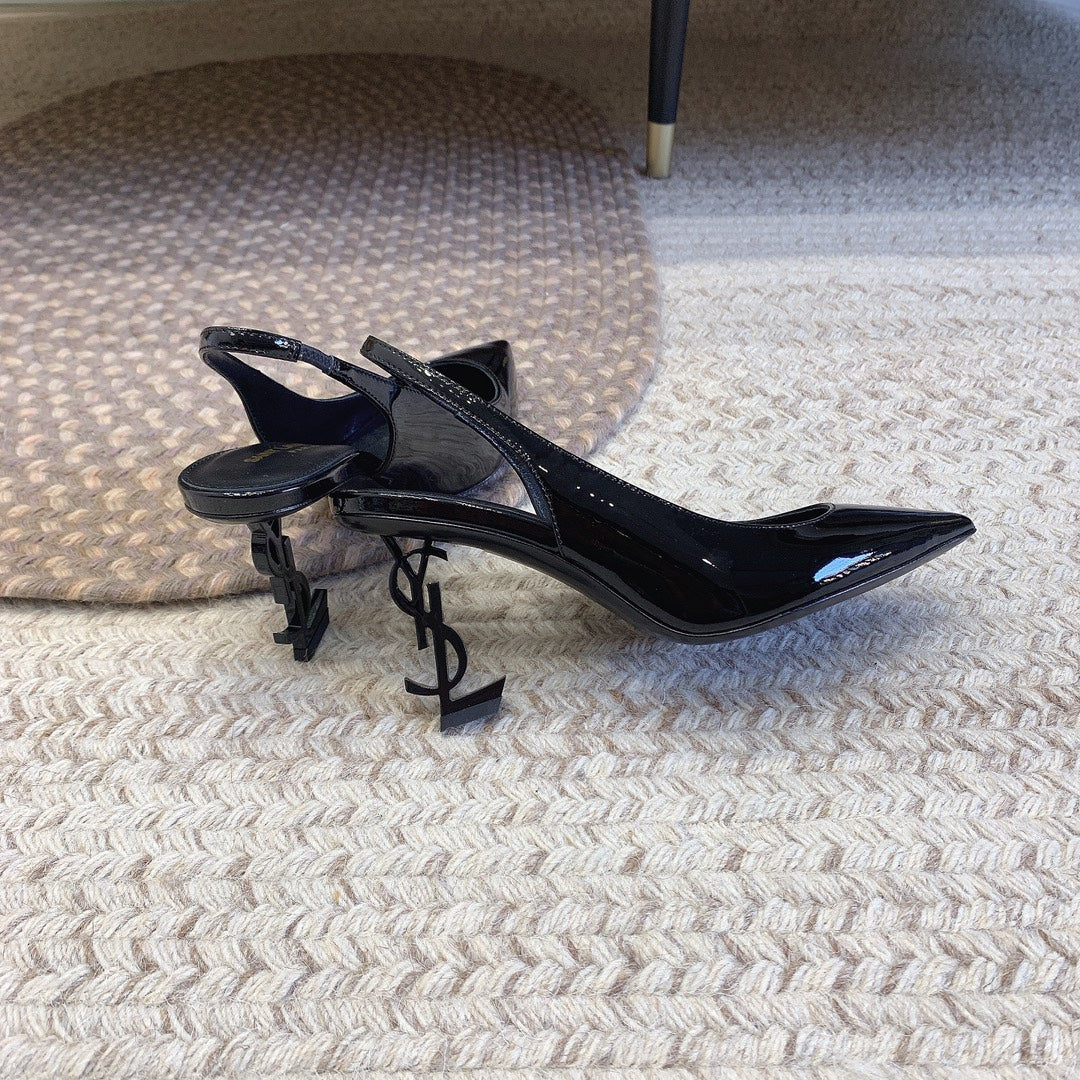 OPYUM BLACK HEEL SLINGBACK PUMPS IN BLACK GLOSSY CALFSKIN - 34
