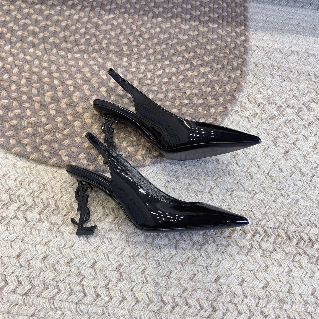 OPYUM BLACK HEEL SLINGBACK PUMPS IN BLACK GLOSSY CALFSKIN - 34