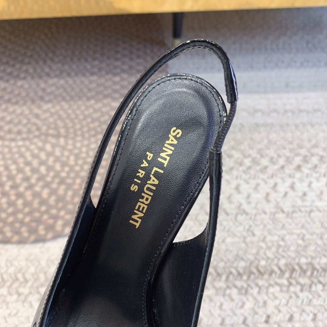 OPYUM BLACK HEEL SLINGBACK PUMPS IN BLACK GLOSSY CALFSKIN - 34