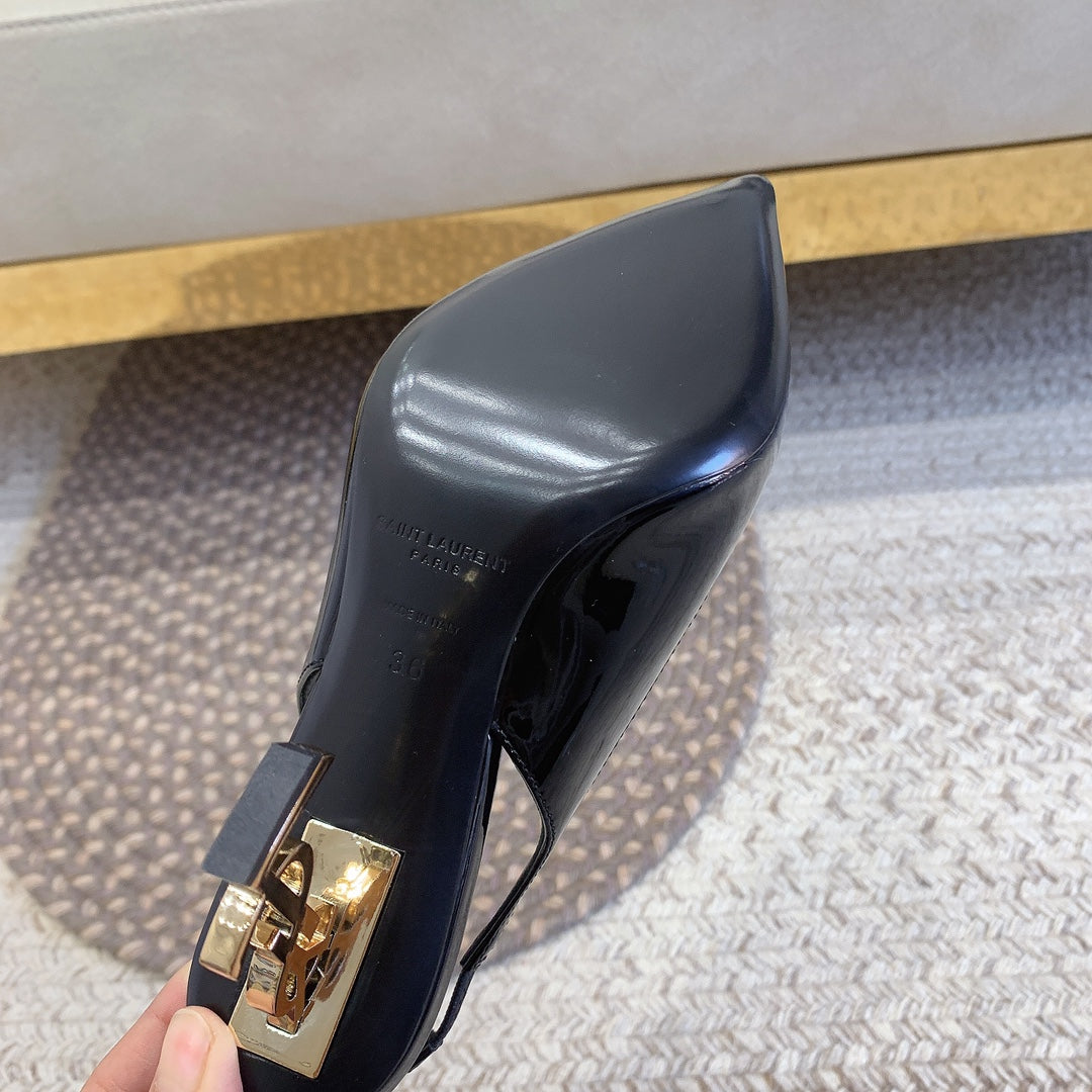 OPYUM GOLD HEEL SLINGBACK PUMPS IN BLACK GLOSSY CALFSKIN - 34