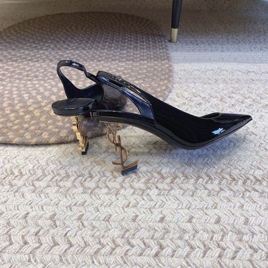 OPYUM GOLD HEEL SLINGBACK PUMPS IN BLACK GLOSSY CALFSKIN - 34