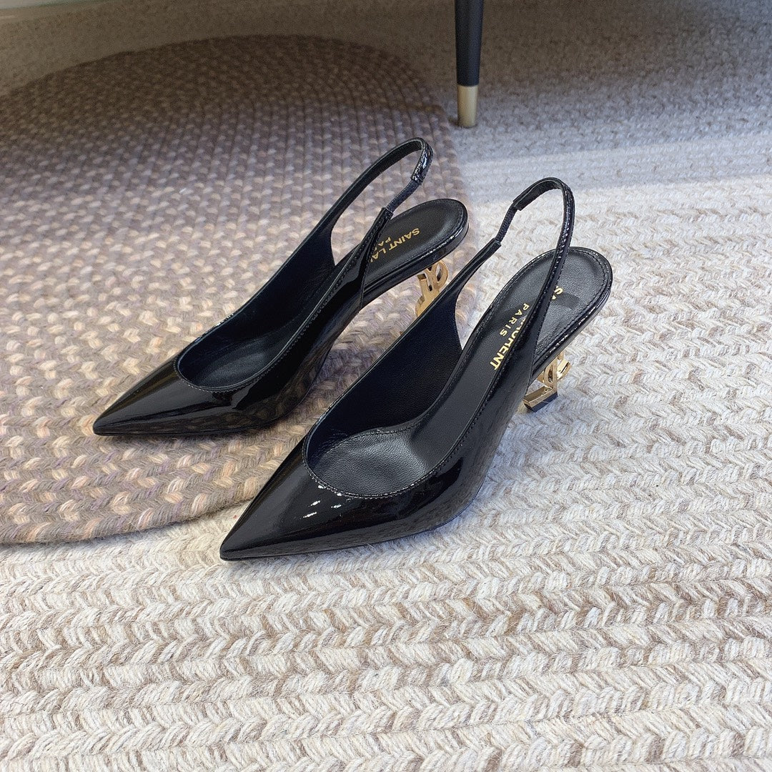 OPYUM GOLD HEEL SLINGBACK PUMPS IN BLACK GLOSSY CALFSKIN - 34