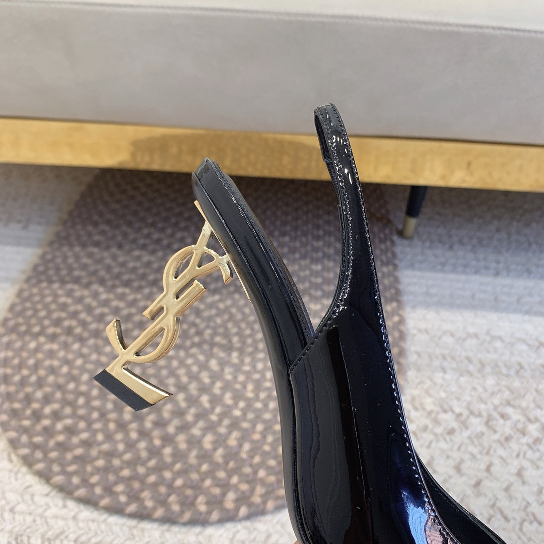 OPYUM GOLD HEEL SLINGBACK PUMPS IN BLACK GLOSSY CALFSKIN - 34