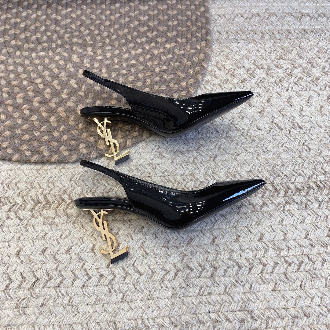 OPYUM GOLD HEEL SLINGBACK PUMPS IN BLACK GLOSSY CALFSKIN - 34