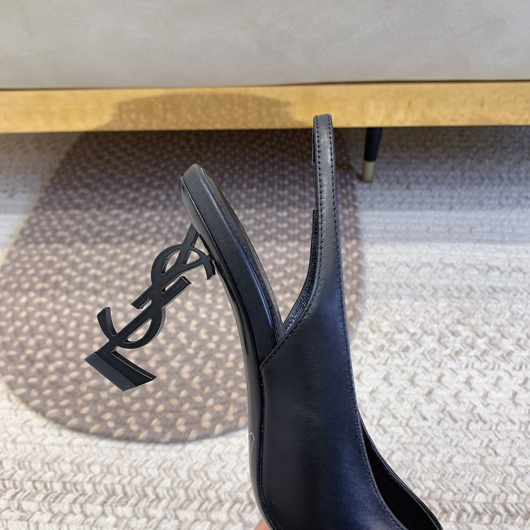 OPYUM BLACK HEEL SLINGBACK PUMPS IN BLACK SMOOTH LAMBSKIN - 34