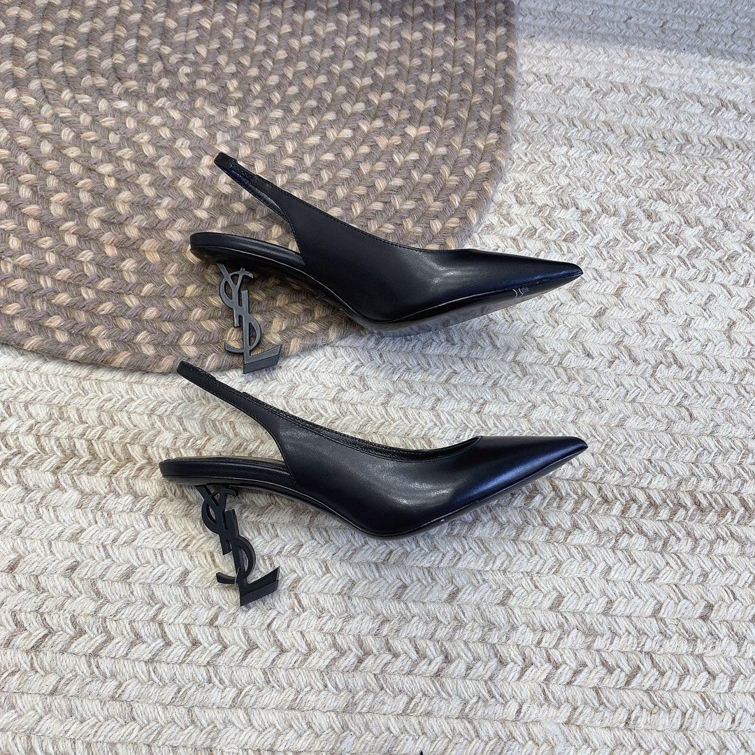 OPYUM BLACK HEEL SLINGBACK PUMPS IN BLACK SMOOTH LAMBSKIN - 34
