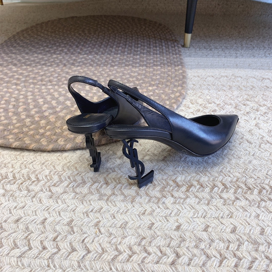 OPYUM BLACK HEEL SLINGBACK PUMPS IN BLACK SMOOTH LAMBSKIN - 34