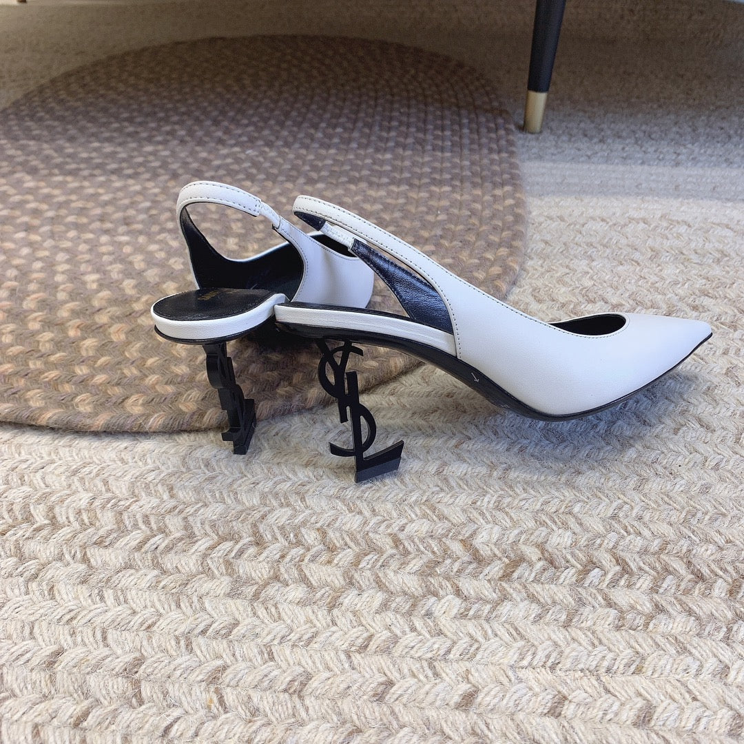 OPYUM BLACK HEEL SLINGBACK PUMPS IN WHITE SMOOTH LAMBSKIN - 34