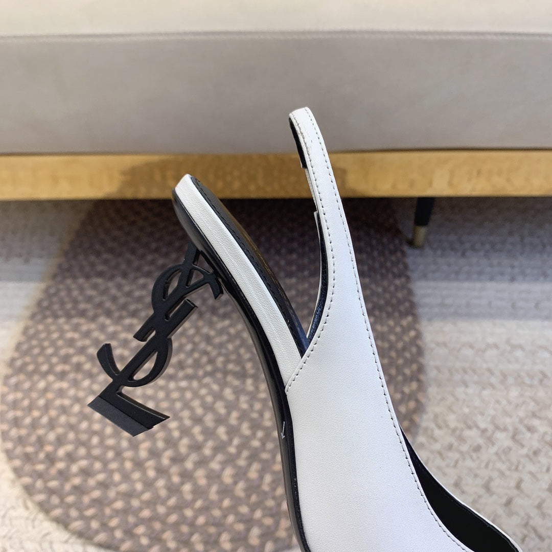 OPYUM BLACK HEEL SLINGBACK PUMPS IN WHITE SMOOTH LAMBSKIN - 34