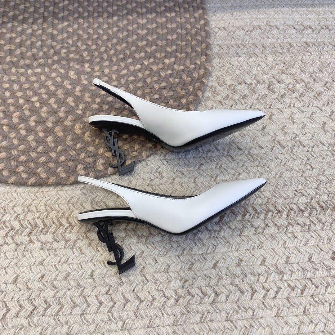 OPYUM BLACK HEEL SLINGBACK PUMPS IN WHITE SMOOTH LAMBSKIN - 34