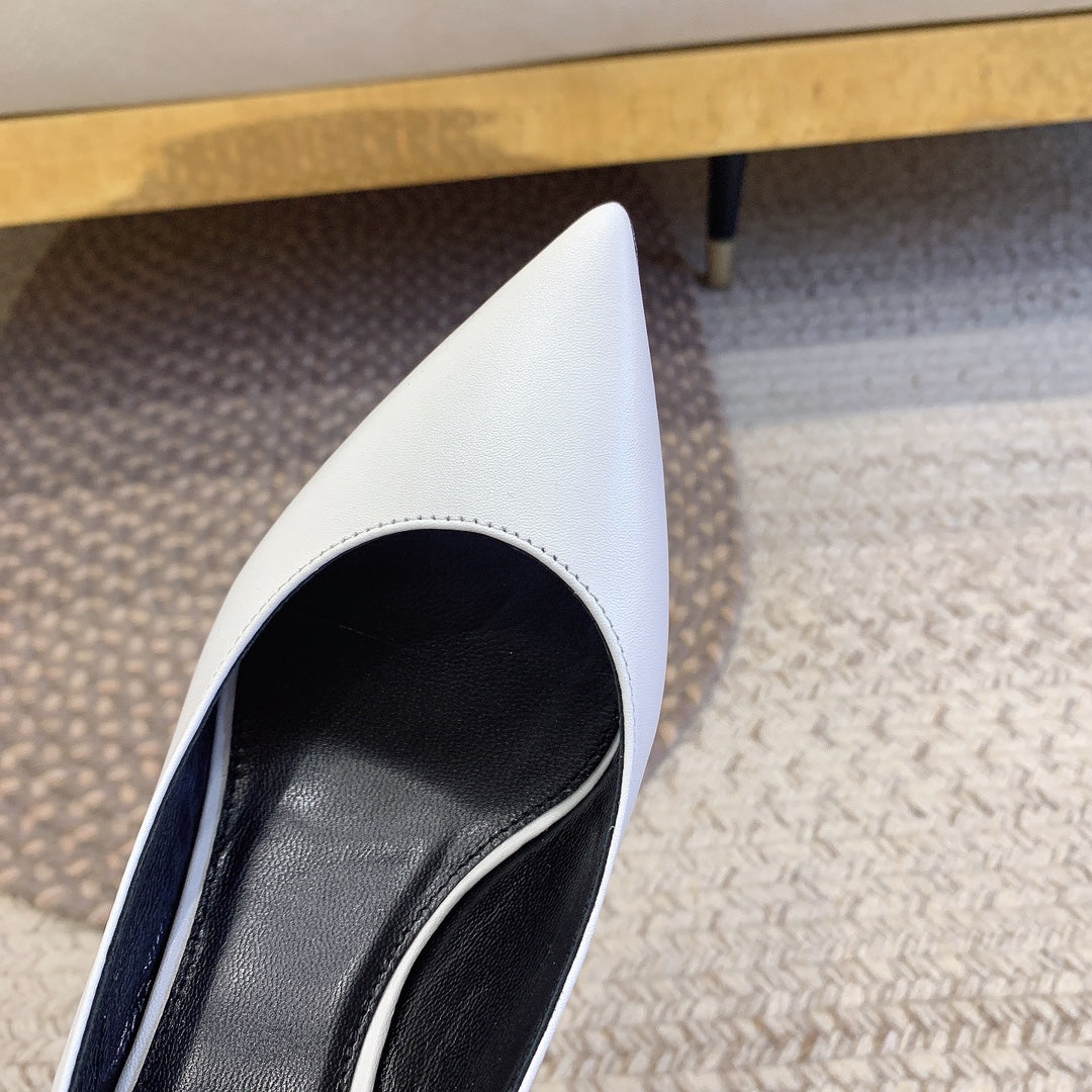 OPYUM BLACK HEEL SLINGBACK PUMPS IN WHITE SMOOTH LAMBSKIN - 34
