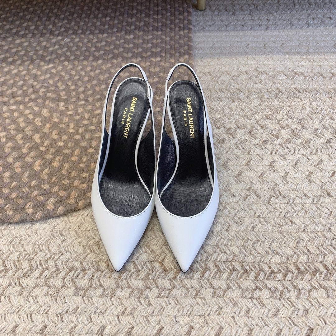 OPYUM BLACK HEEL SLINGBACK PUMPS IN WHITE SMOOTH LAMBSKIN - 34