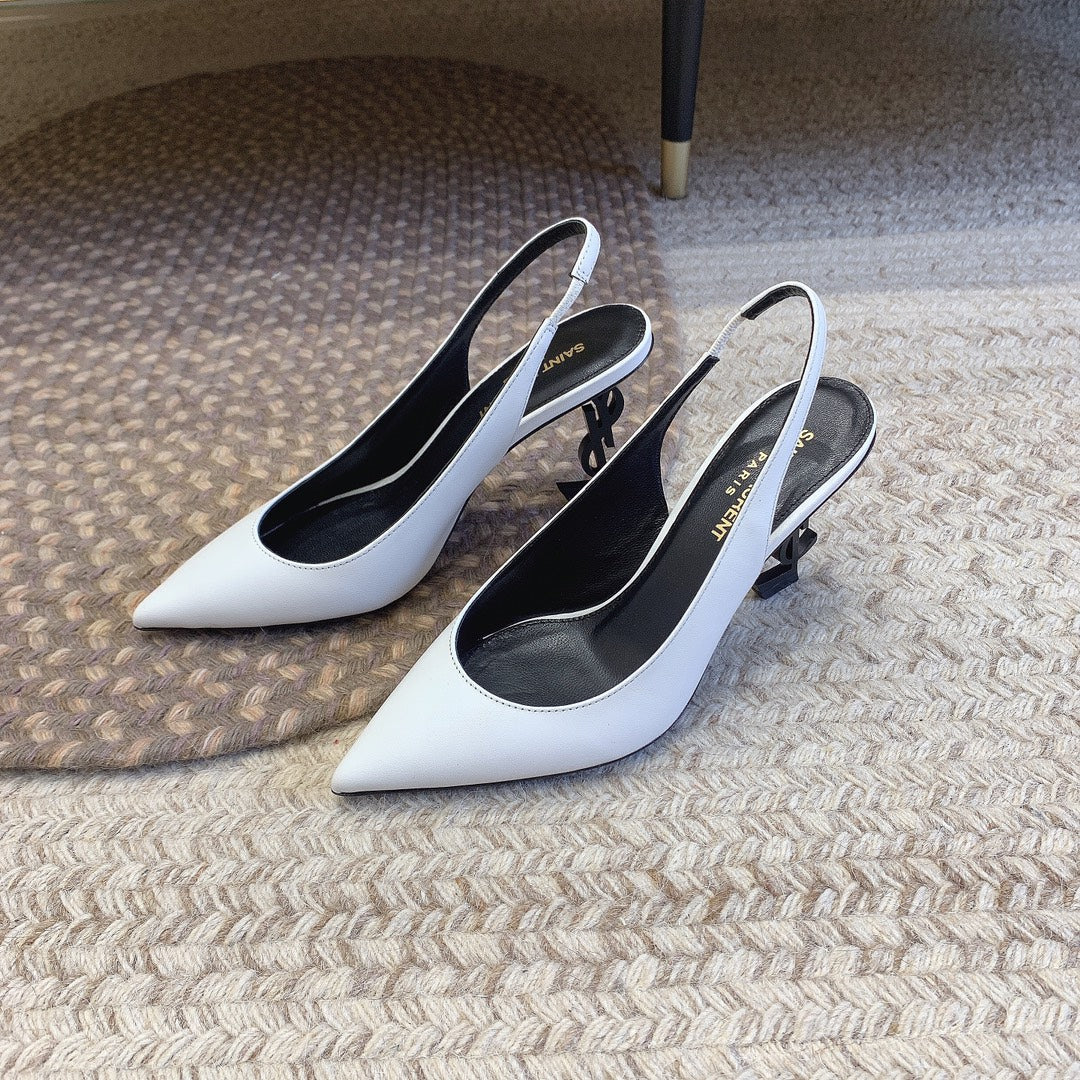 OPYUM BLACK HEEL SLINGBACK PUMPS IN WHITE SMOOTH LAMBSKIN - 34