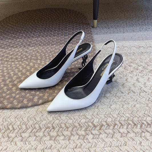 OPYUM BLACK HEEL SLINGBACK PUMPS IN WHITE SMOOTH LAMBSKIN - 34