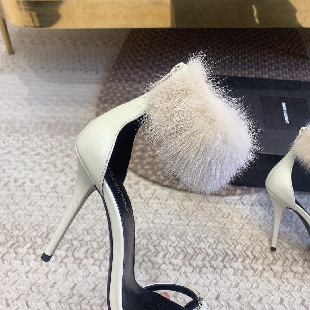 HIGH HEEL SANDAL IN WHITE POLISHED CALFSKIN AND MINK FUR - 34