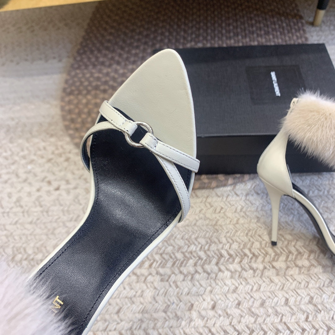 HIGH HEEL SANDAL IN WHITE POLISHED CALFSKIN AND MINK FUR - 34
