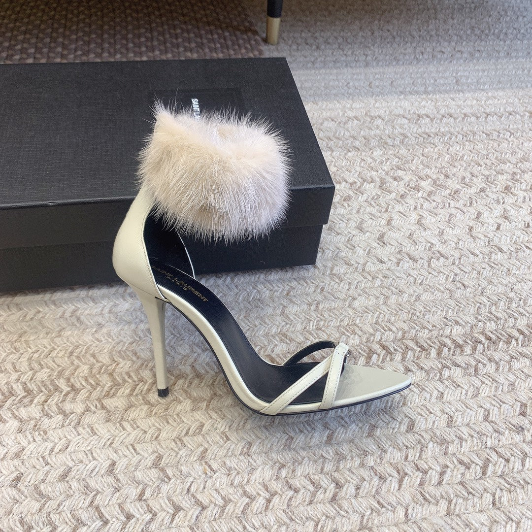 HIGH HEEL SANDAL IN WHITE POLISHED CALFSKIN AND MINK FUR - 34