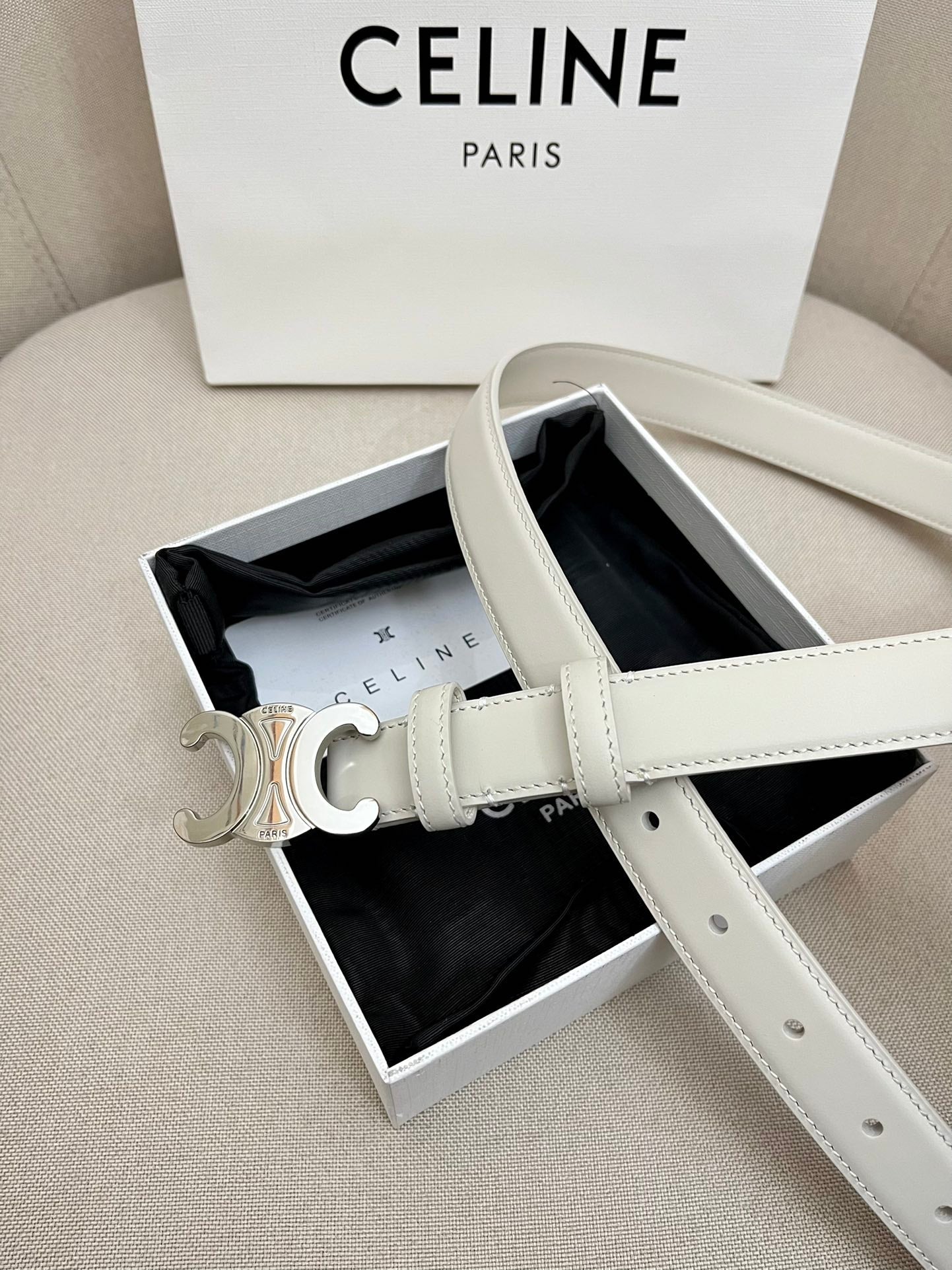 CELINE 25S TRIOMPHE 25MM BELT IN WHITE CALFSKIN SILVER HARDWARE - 26 - 28
