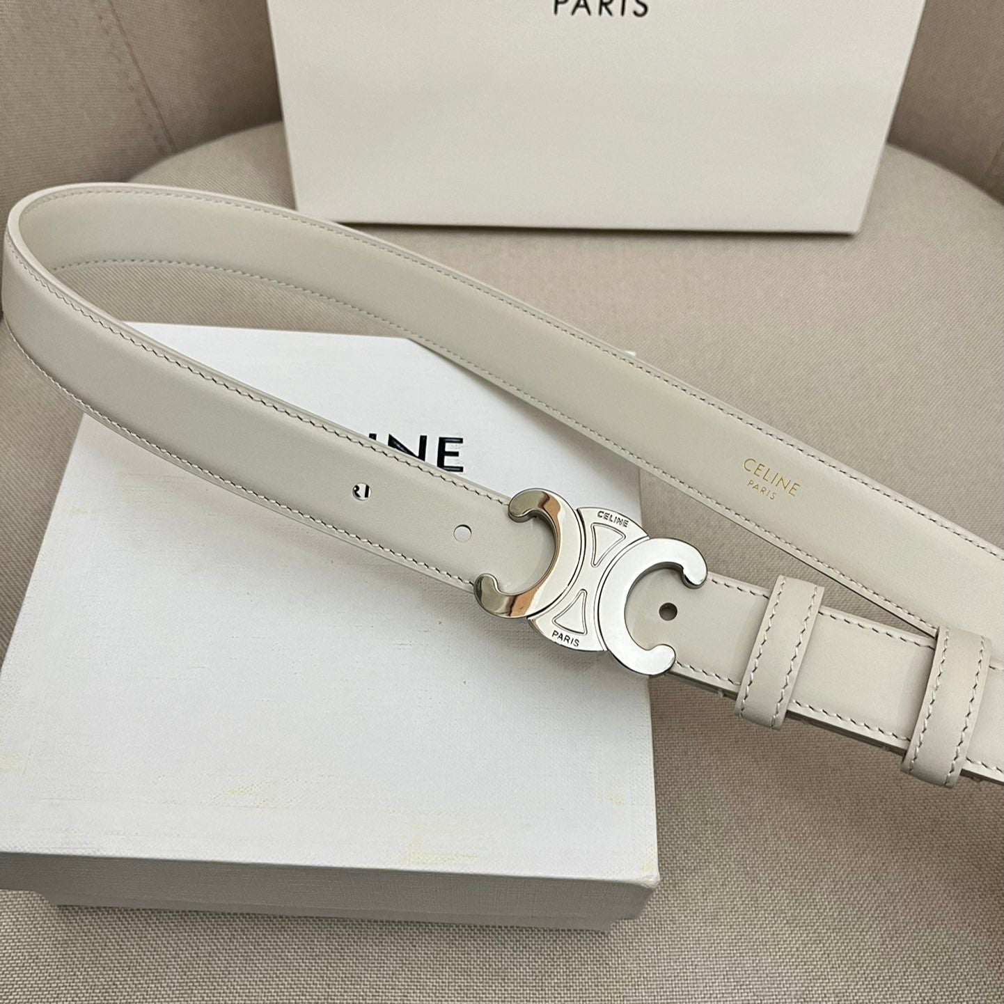 CELINE 25S TRIOMPHE 25MM BELT IN WHITE CALFSKIN SILVER HARDWARE - 26 - 28