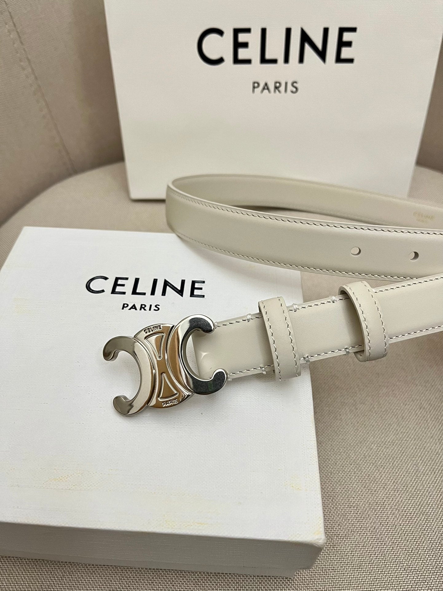 CELINE 25S TRIOMPHE 25MM BELT IN WHITE CALFSKIN SILVER HARDWARE - 26 - 28